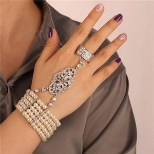 YERTTER Vintage Silver Gatsby Pearl Stretch Link Rhinestone Ring Bracelet 1920s
